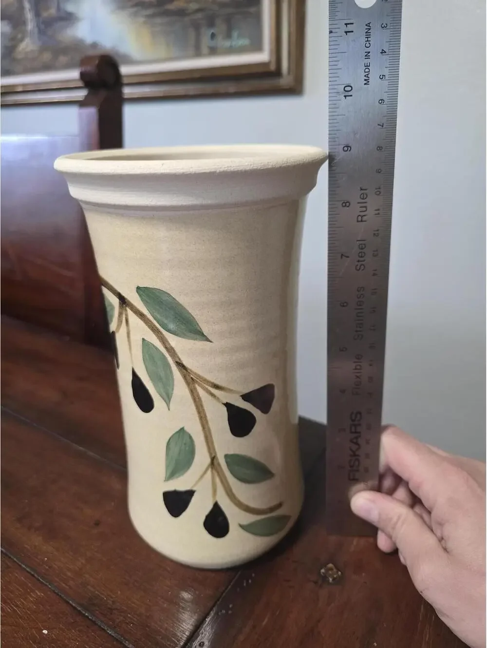 Vintage Hand Painted Olive Branch Stoneware Vase Studio Pottery